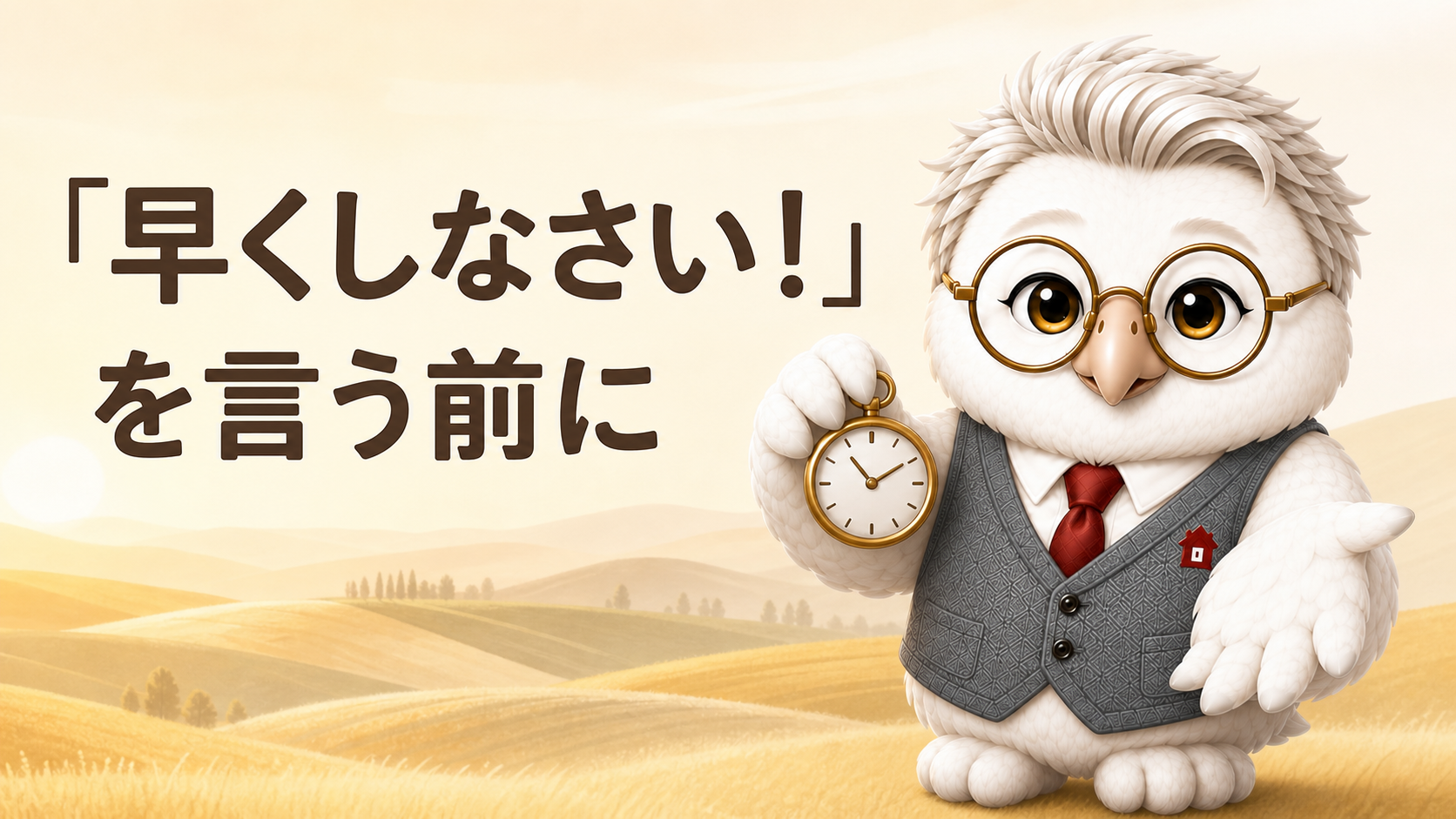 「早くしなさい！」を言う前にと伝える、時計を手にしたまなふく先生