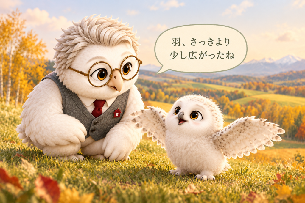 まなふく先生がヒナと同じ目線で寄り添うイラスト