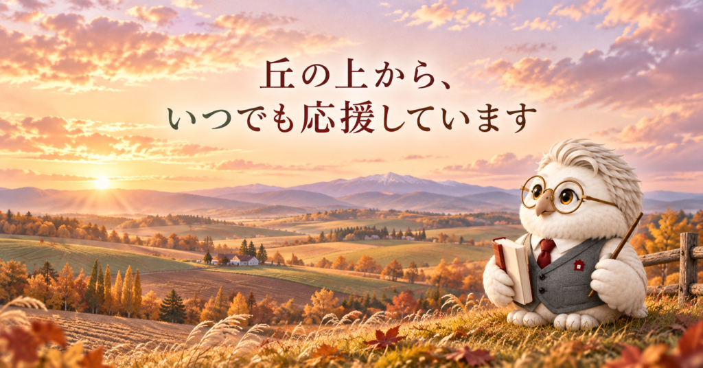 丘の上から応援するまなふく先生と、秋の美瑛の丘